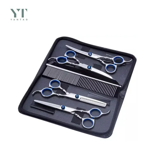 High Quality Pet Products Wholesale Dog Grooming Scissors Kit Stainless Steel Pet Shear Set Thinning Straight Curved Shears Comb Pet Supply 