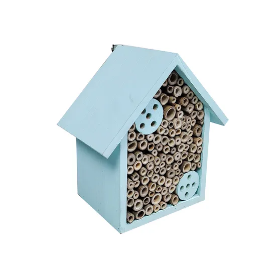 Custom Color Soild Wood House Shape Blue Wooden Insect Hotel with Bamboo Tubes 